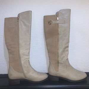 brown leather and suede guess above knee boots